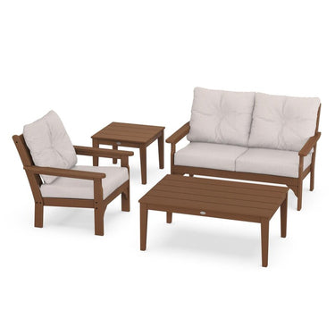 POLYWOOD Vineyard 4-Piece Deep Seating Set w/ Side Table - Teak / Dune Burlap